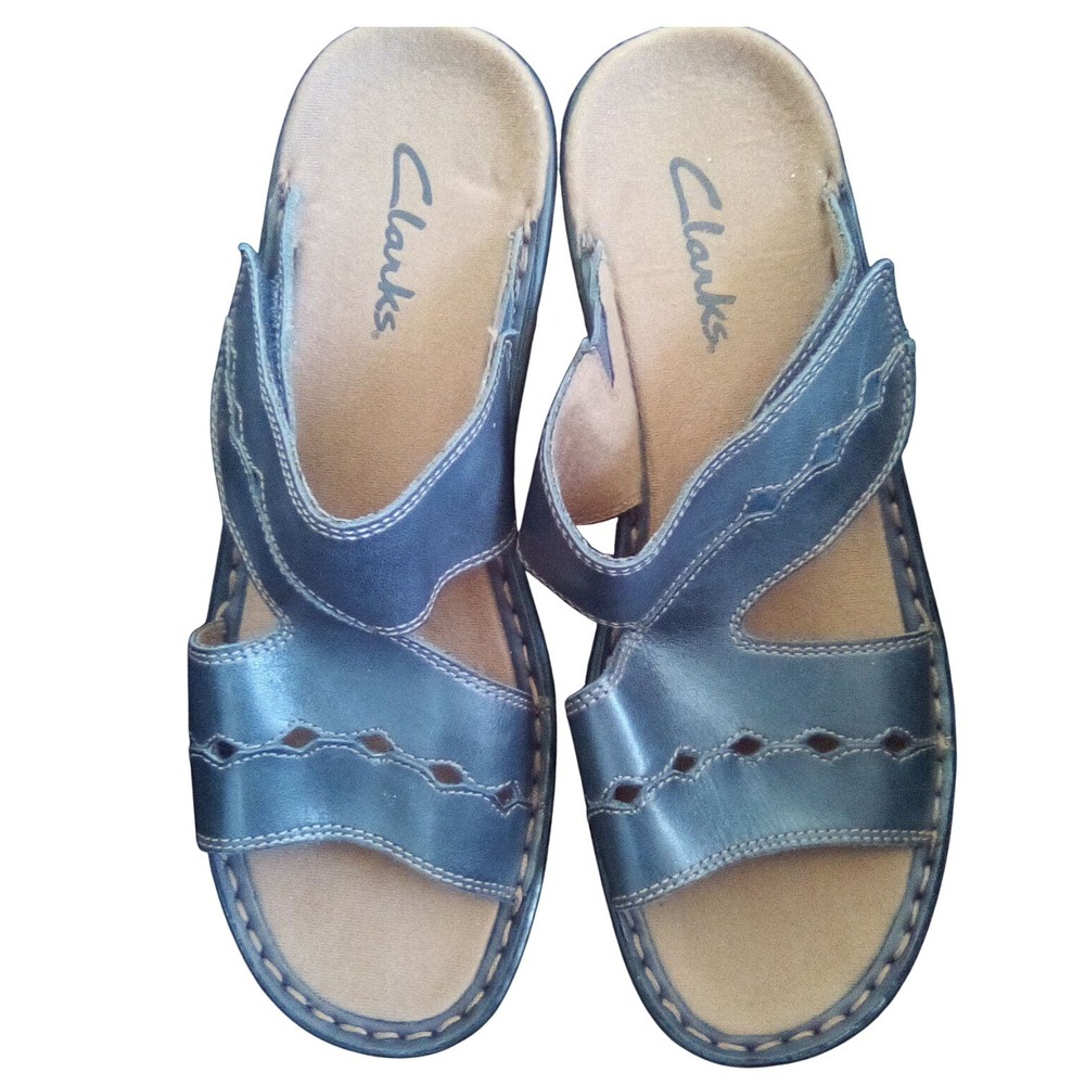 Clarks Womens Navy Blue Leather Adjustable Slide Sandals 78953 Size 8M